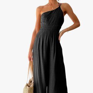 Black/M - Women's  One Shoulder High Waist Casual Wide Leg Linen Jumpsuit